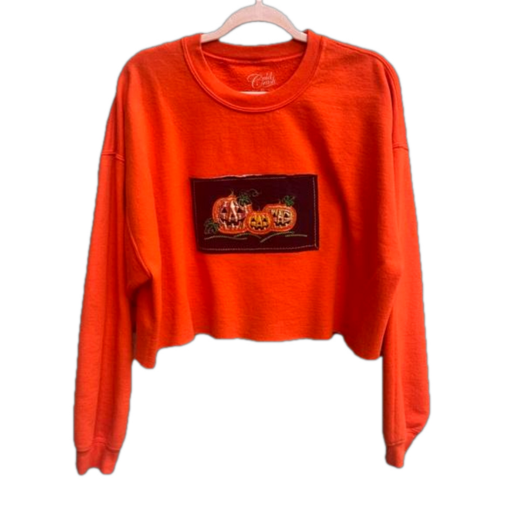 Handmade Upcycled Pumpkin Graphic Crewneck Sweatshirt Halloween Orange Size XL